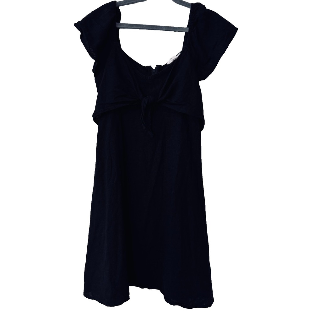 Copper Key Black Linen Blend Mini Dress S Tie Front Flutter Sleeve Cottagecore